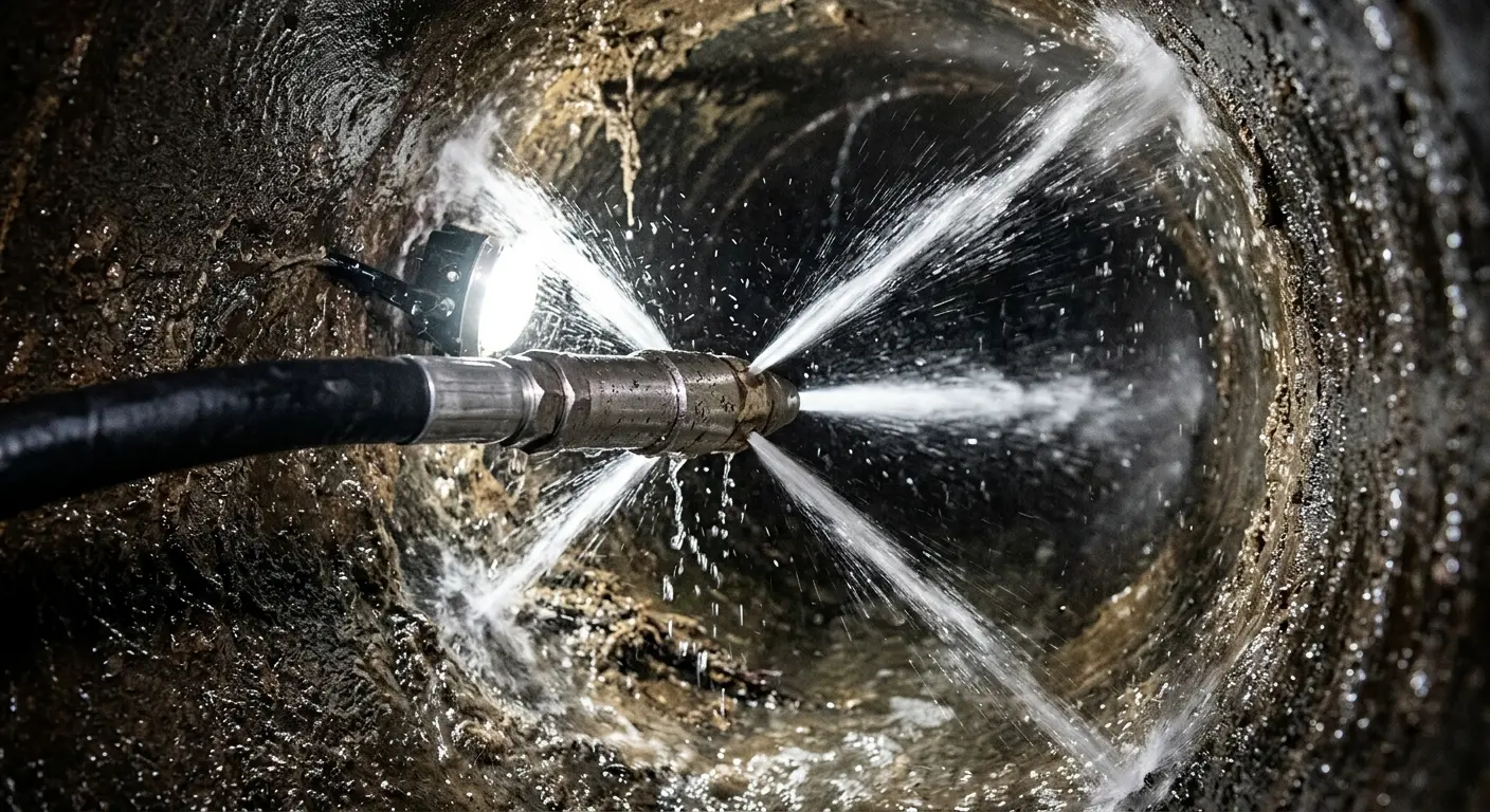 High-pressure hydro jetting nozzle cleaning sewer pipe for Storm Drain Cleaning in Plymouth